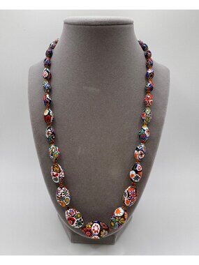 Vintage Italian Murano Millefiori Glass Graduated Oval Necklace 21” Smooth